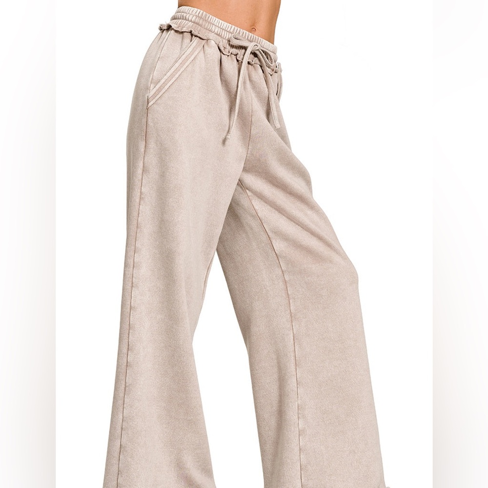 Boho Zenana Acid Washed Fleece Seam Wide Leg Sweatpants